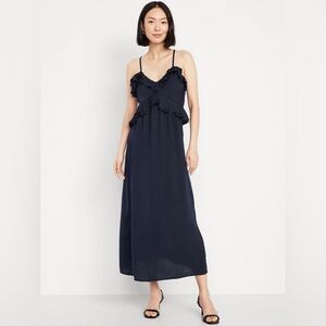 Old Navy Women's Navy Blue Sleeveless Ruffled Satin Maxi Dress